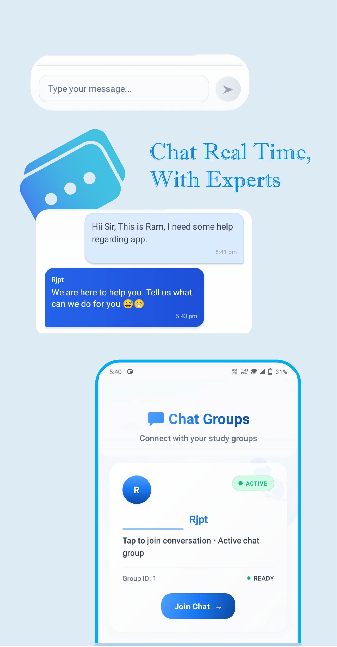 Real-time chat with experts in RJPT SimLab app