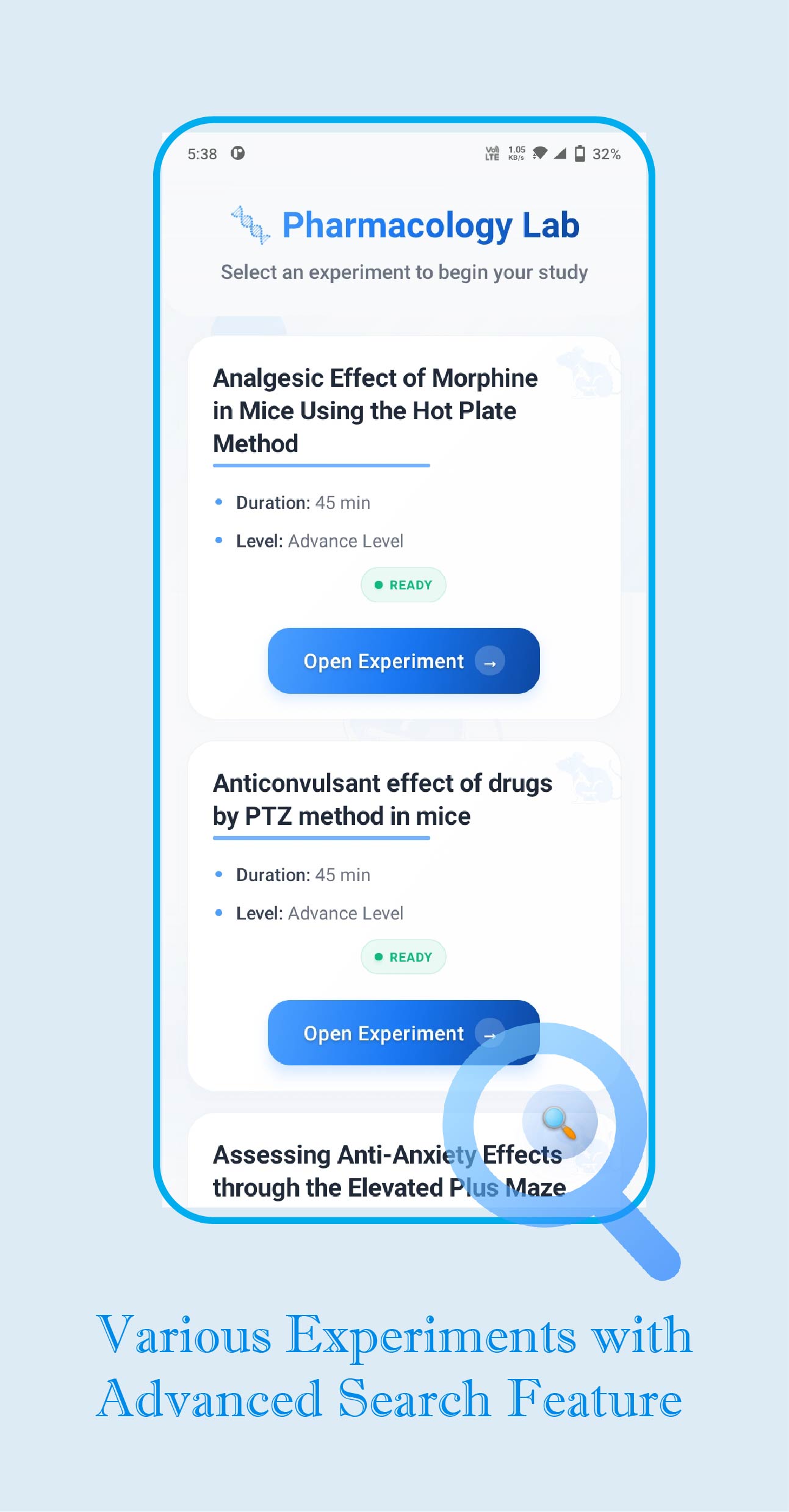 Experiment Selection Screen